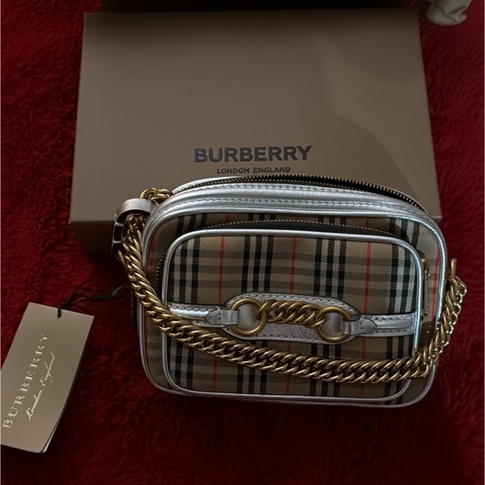 Burberry Beige and Black Crossbody Bag with Gold Chain